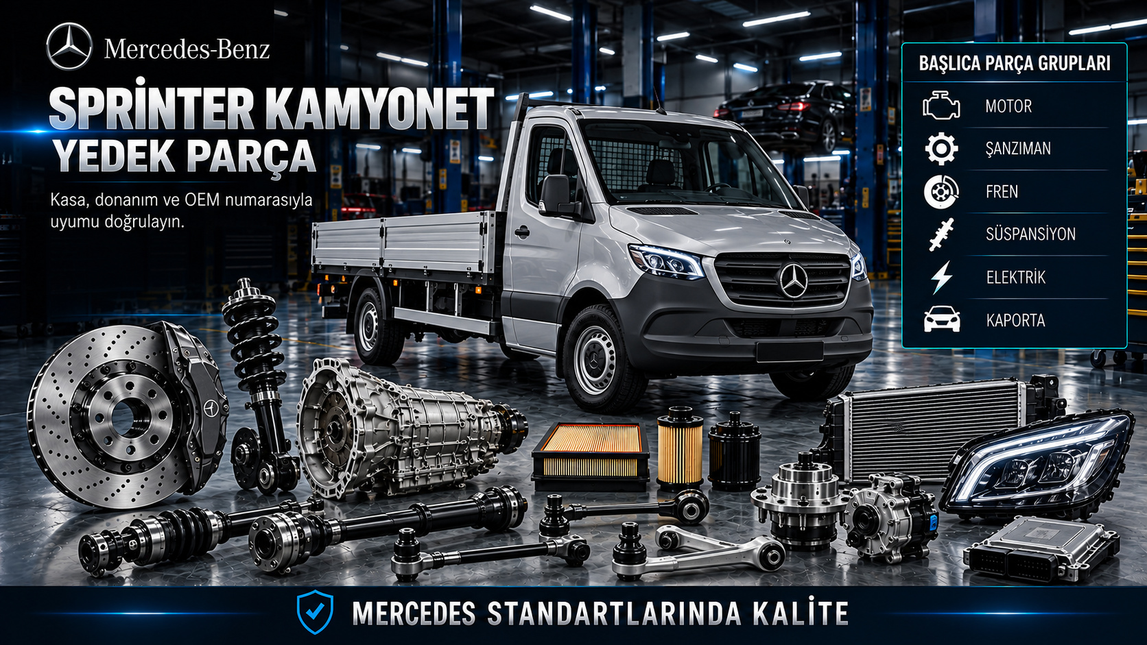 Mercedes Sprinter açık kasa kamyonet motor, fren, yay, aks ve kabin parçaları
