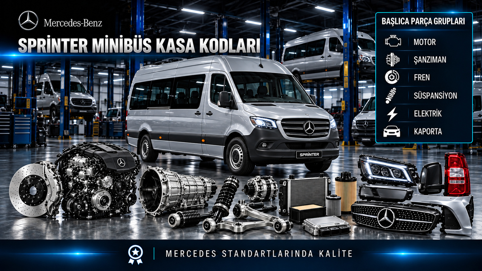 Mercedes Sprinter minibüs kasa seçimi, motor, fren, klima, kapı ve yolcu kabini parçaları