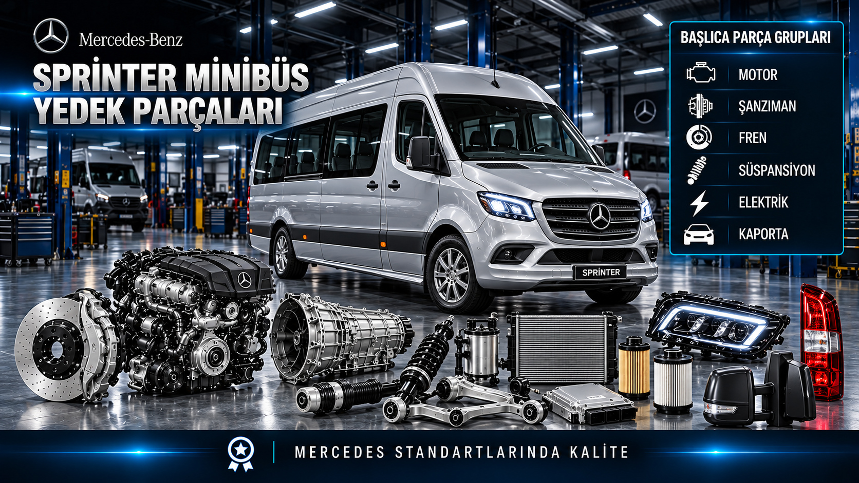 Mercedes Sprinter Minibüs için kategoriye uygun tahrik, bakım, fren, süspansiyon ve gövde parçaları