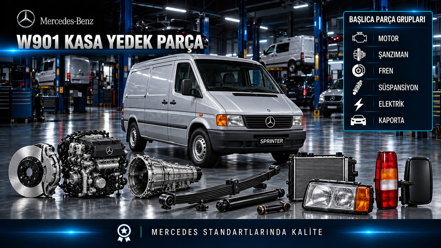 Mercedes Sprinter W901 motor, bakım, fren, süspansiyon, aktarma ve ticari gövde parçaları