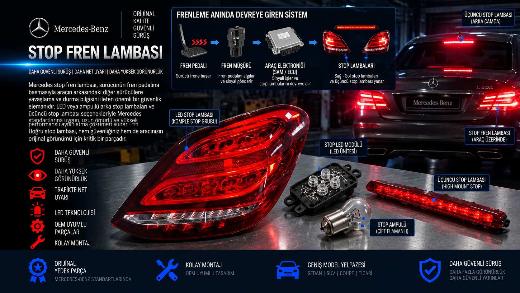 Mercedes stop fren lambası, brake light, LED stop modülü ve üçüncü stop lambası çeşitleri