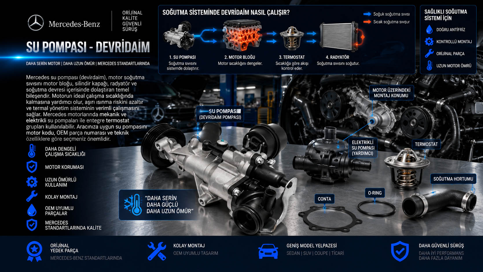 Mercedes su pompası, devirdaim pompası, water pump ve coolant pump çeşitleri