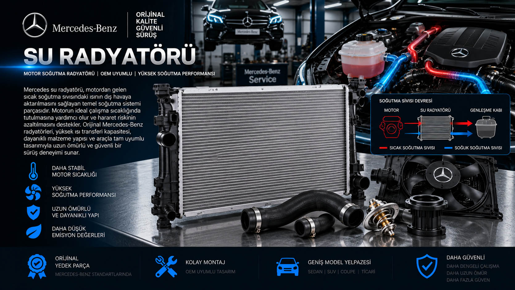 Mercedes su radyatörü, motor radyatörü ve coolant radiator çeşitleri