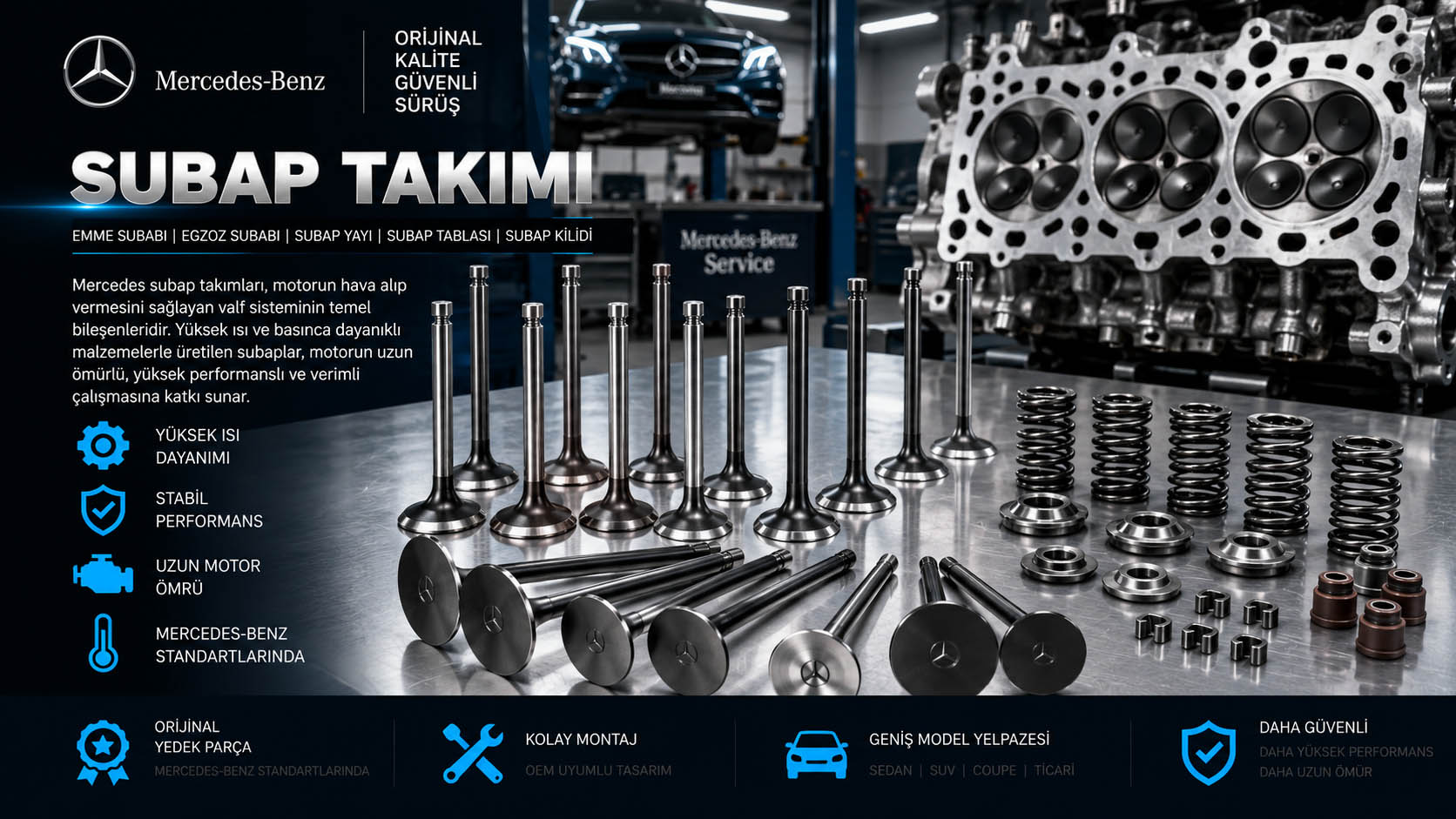 Mercedes subap takımı, emme subabı, egzoz subabı ve motor valf parçaları