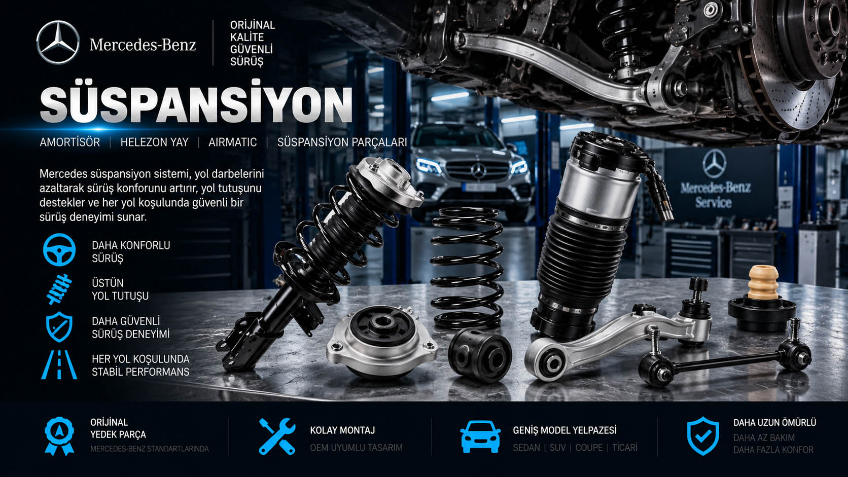 Mercedes süspansiyon, amortisör, helezon yay ve AIRMATIC süspansiyon parçaları