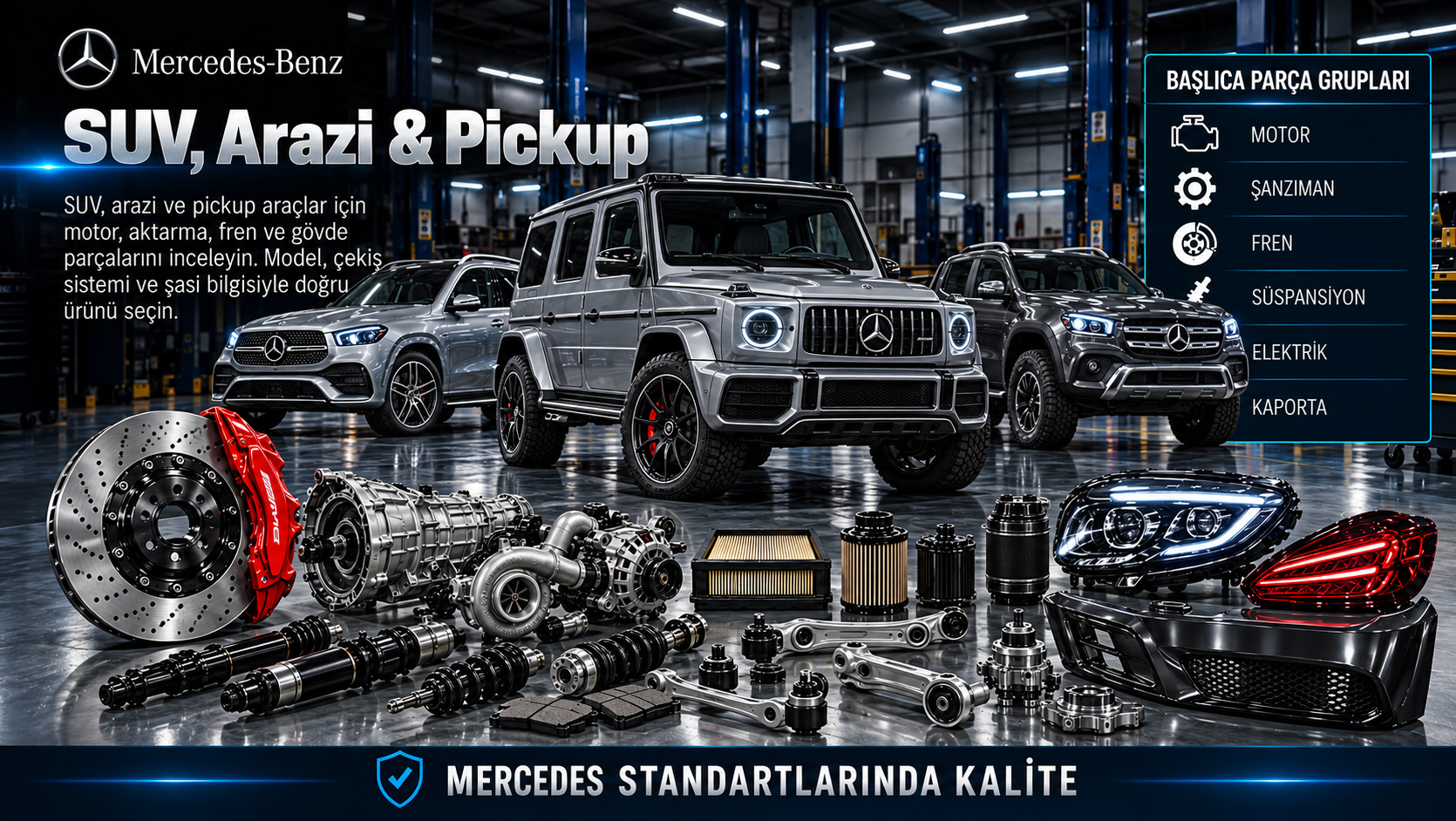 Mercedes SUV, Arazi & Pickup: motor, aktarma, fren, süspansiyon ve gövde parçaları