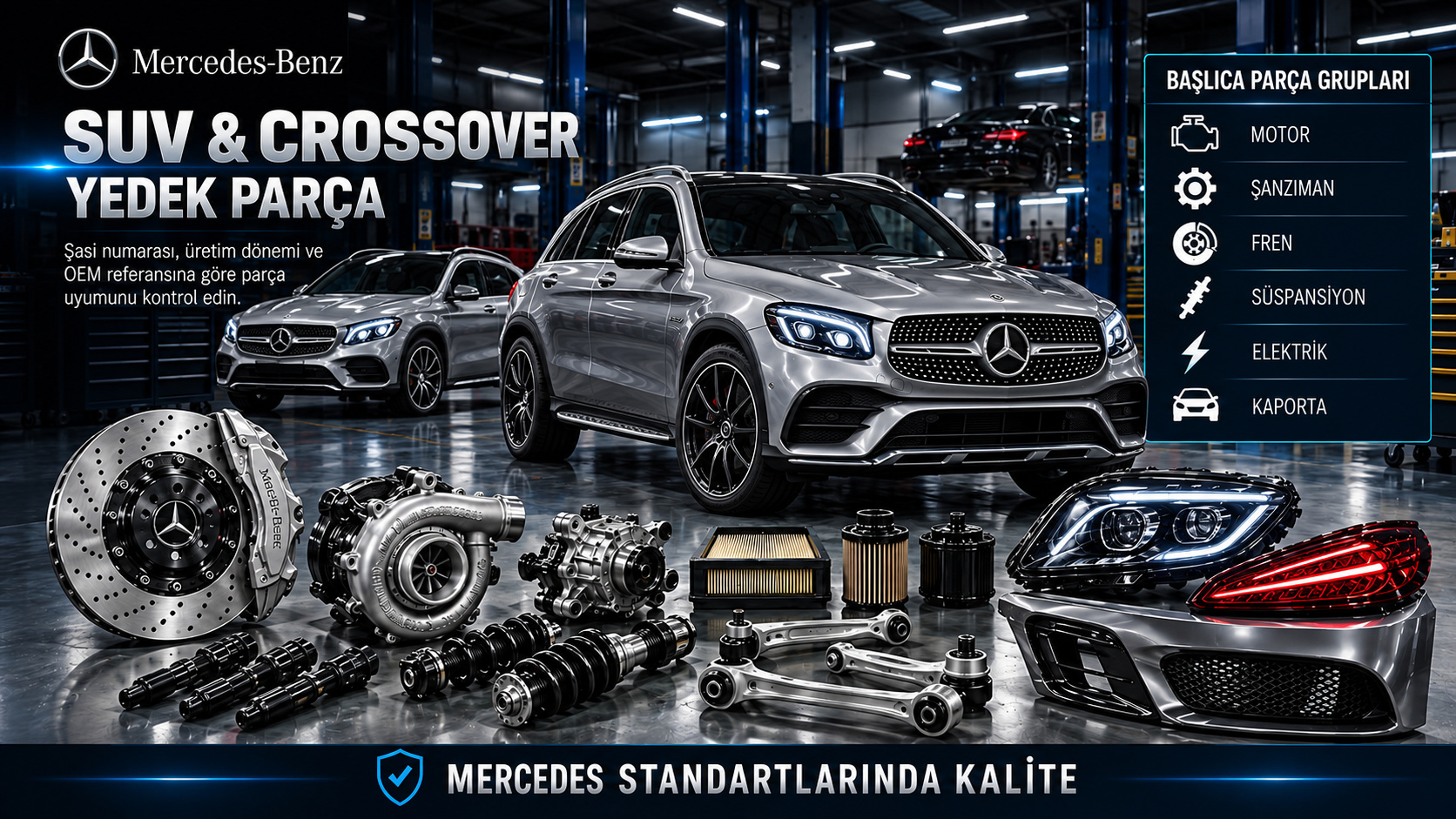 Mercedes SUV ve crossover motor, aktarma, fren, süspansiyon ve gövde parçaları