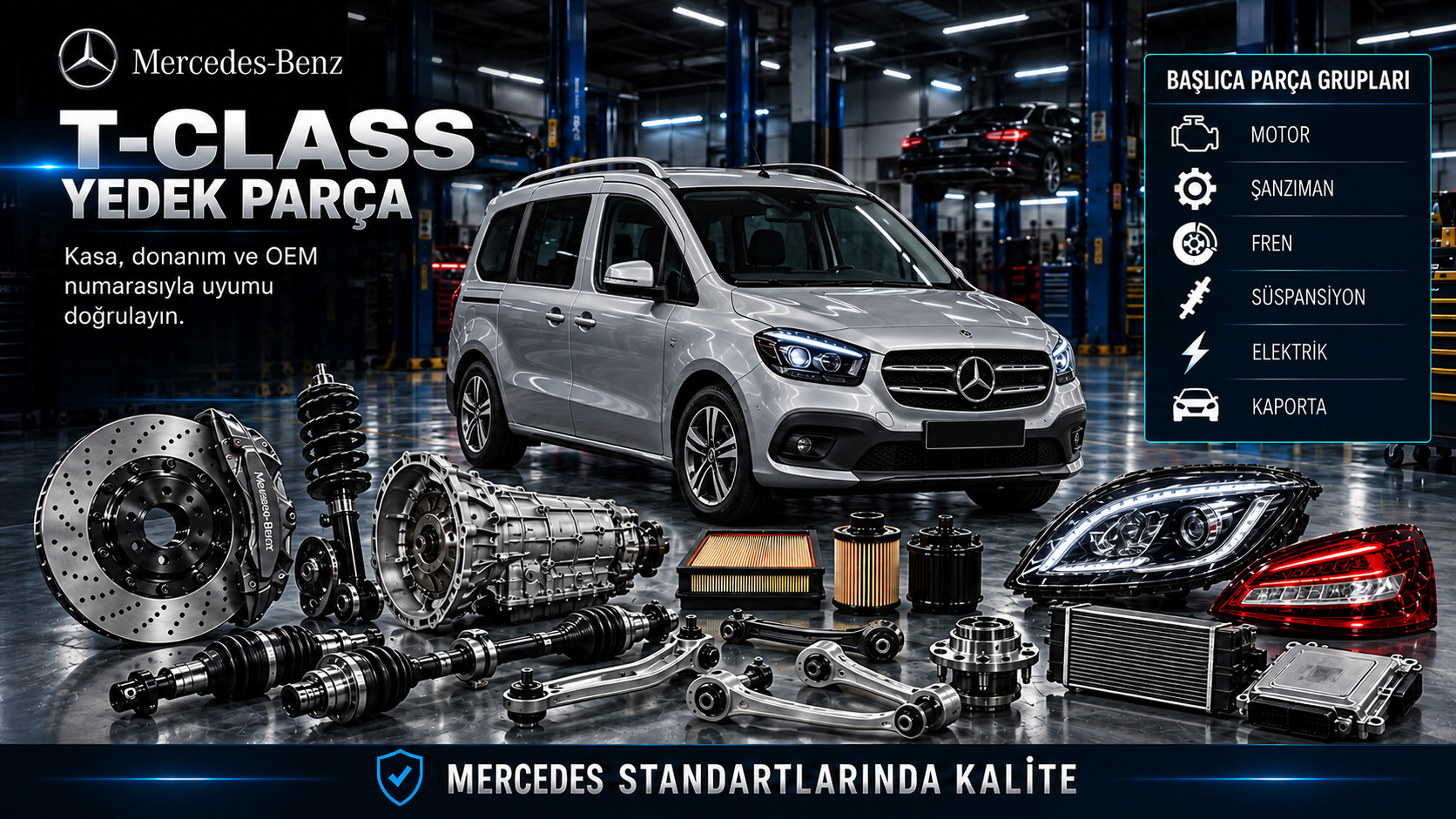 Mercedes T-Class kompakt yolcu aracı motor, fren, süspansiyon ve sürgülü kapı parçaları