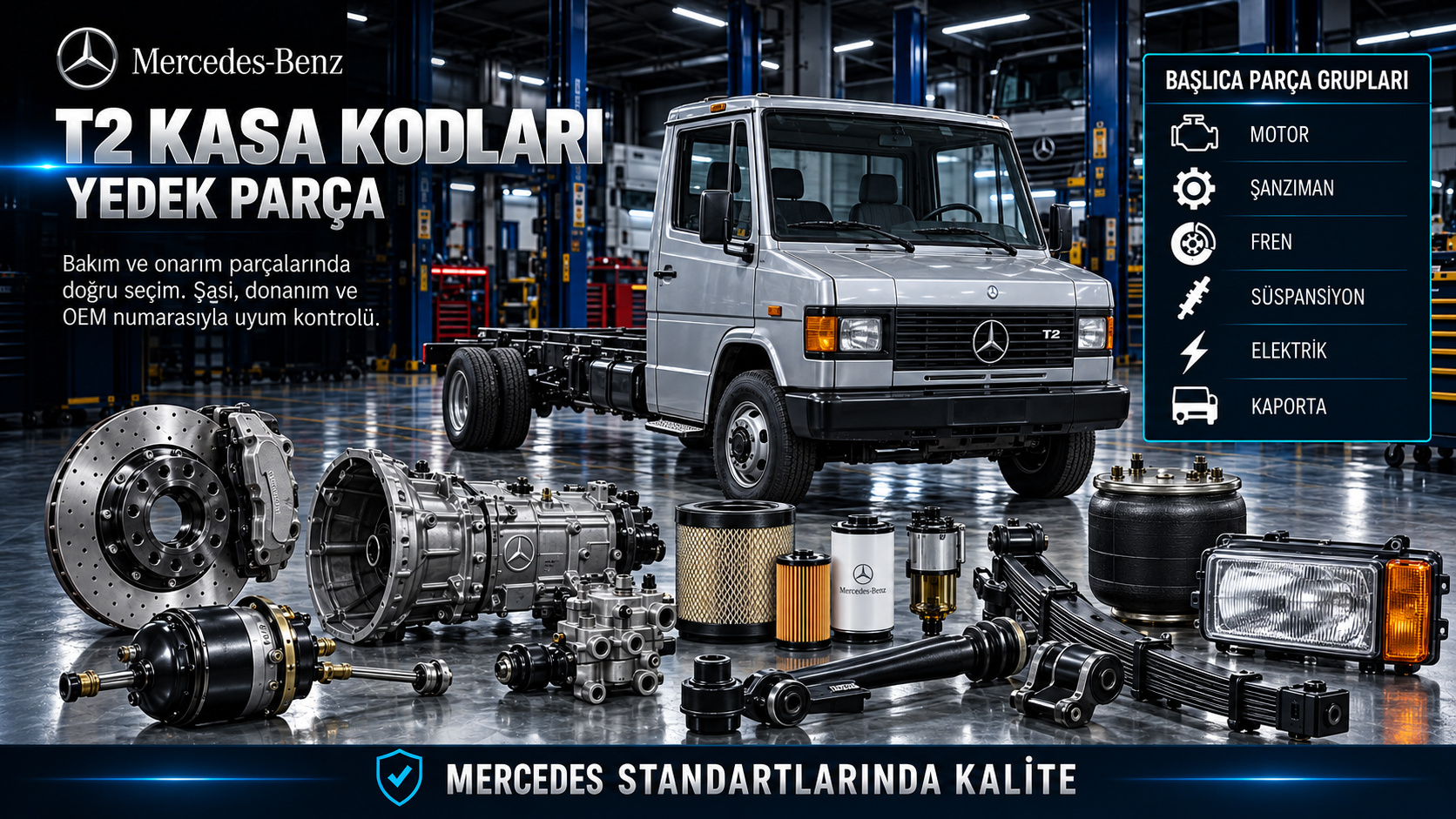 Mercedes T2 ticari araç kasa seçimi, motor, şanzıman, fren, makas, aks ve kabin parçaları
