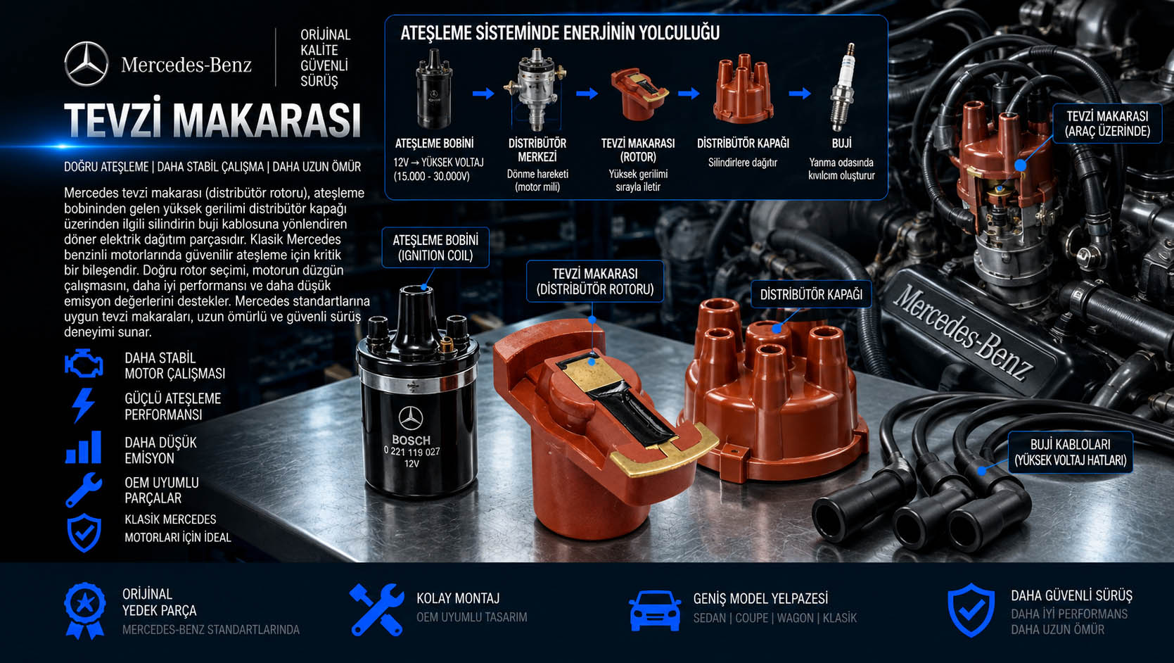 Mercedes tevzi makarası, distribütör rotoru ve distributor rotor çeşitleri