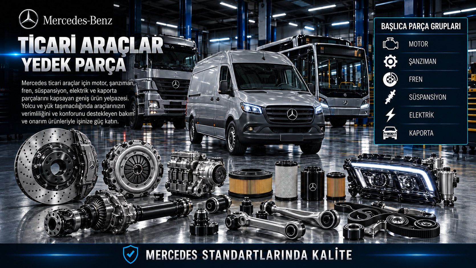 Mercedes Ticari Araçlar: motor, aktarma, fren, süspansiyon ve gövde parçaları