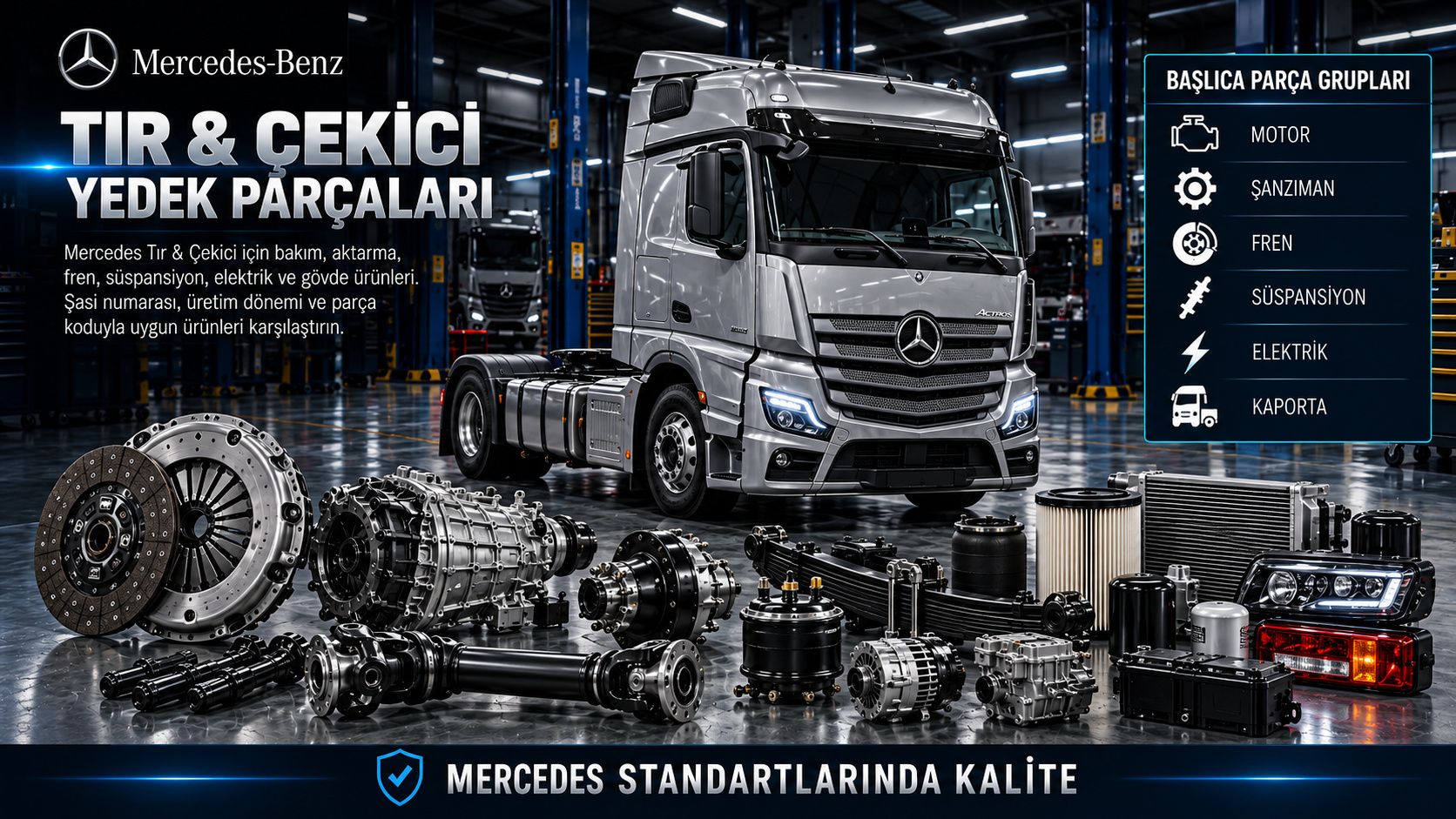 Mercedes tır ve çekici motor, şanzıman, hava fren ve kabin parçaları