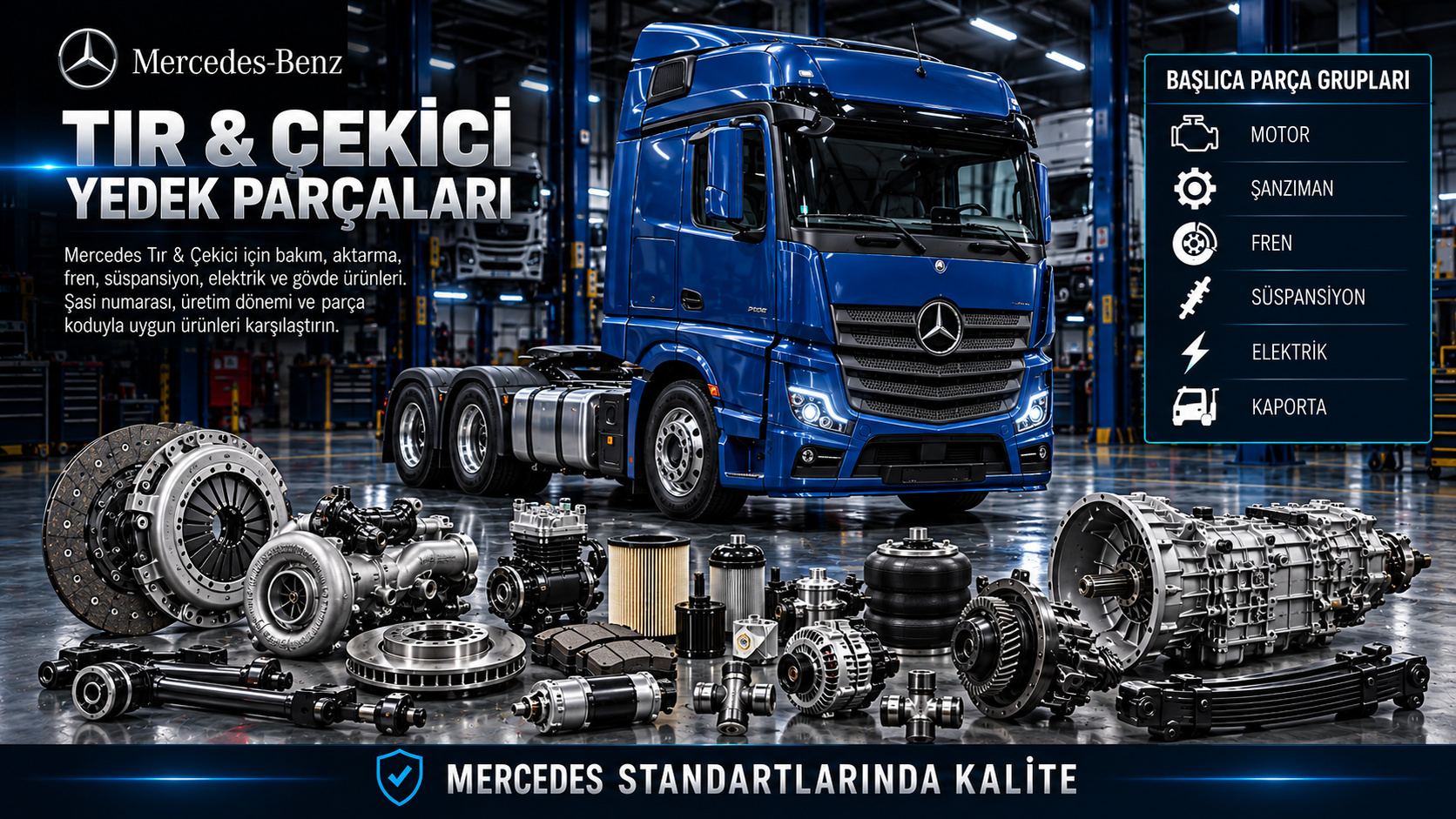 Mercedes çekici aktarma, şasi, hava fren ve dorse bağlantı yedek parçaları
