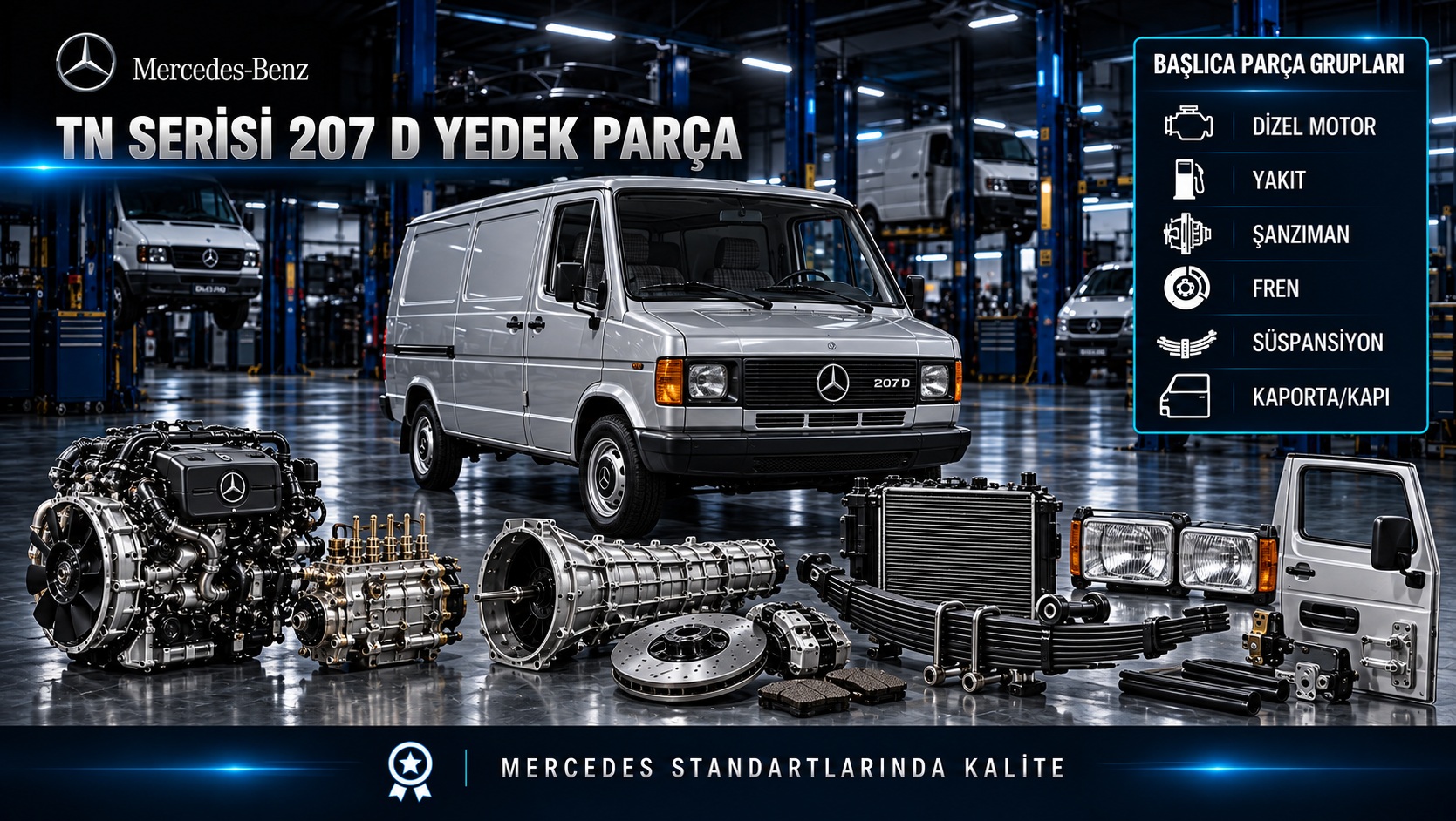 Mercedes TN Serisi 207 D klasik van ve dizel motor, şanzıman, fren, süspansiyon parçaları