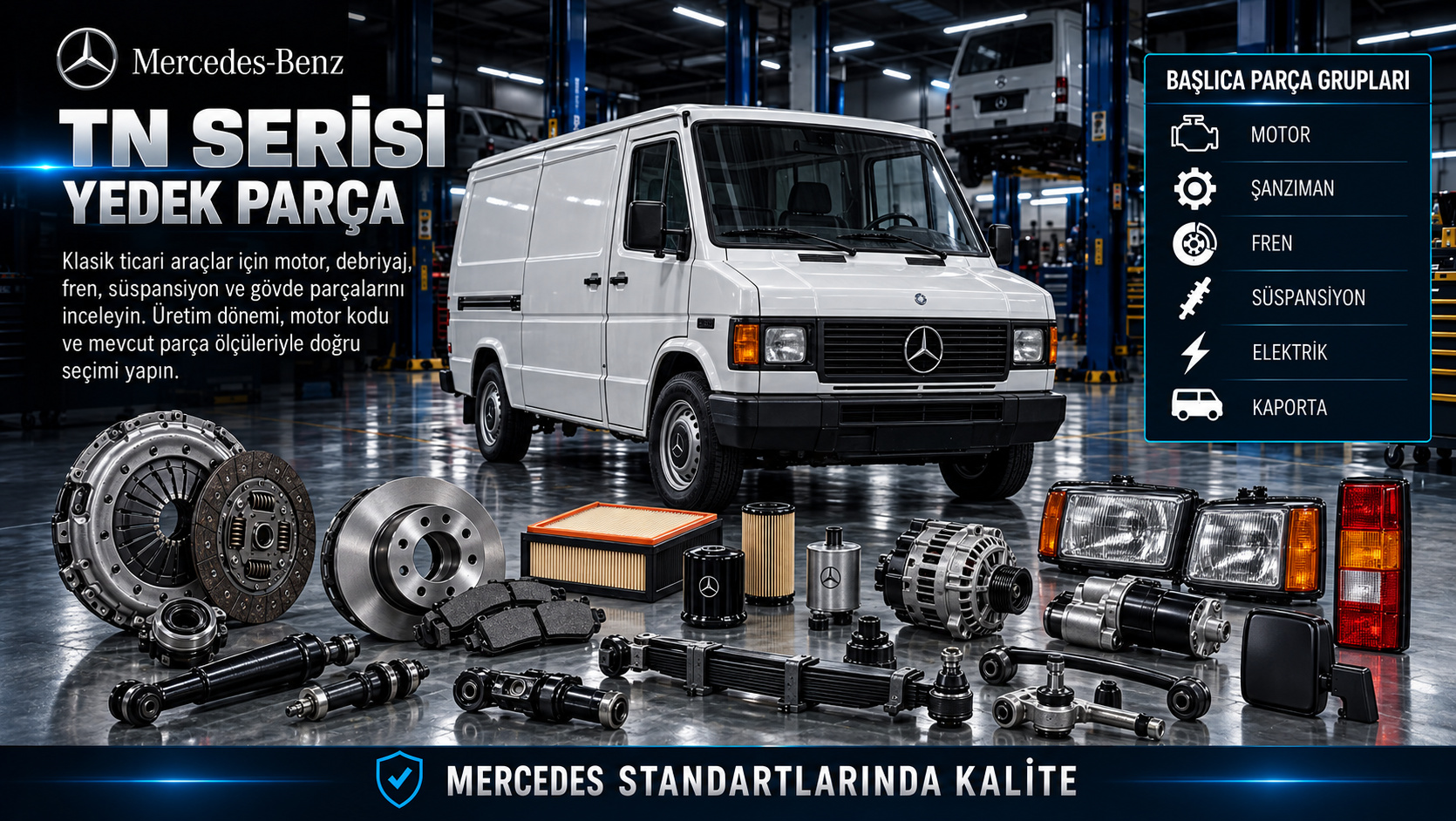 Mercedes TN Serisi klasik van motor, yakıt, debriyaj, fren ve yaprak yay parçaları