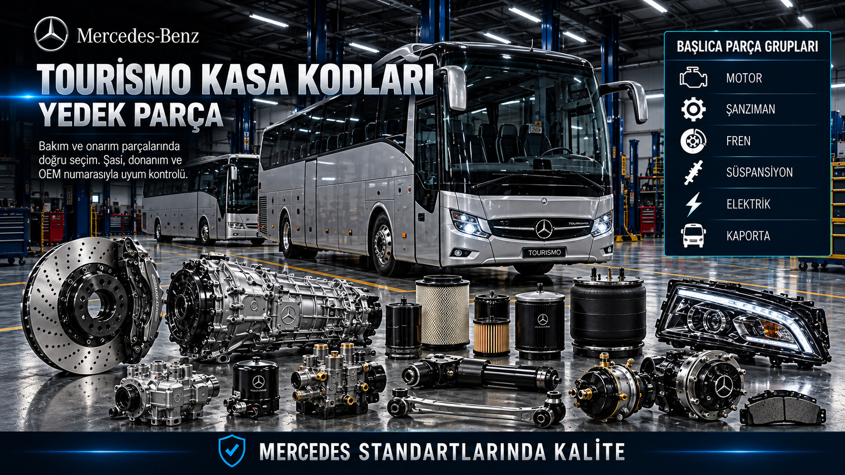 Mercedes Tourismo otobüs kasa ve nesil seçimi, aks düzeni, motor, şanzıman, fren ve gövde parçaları