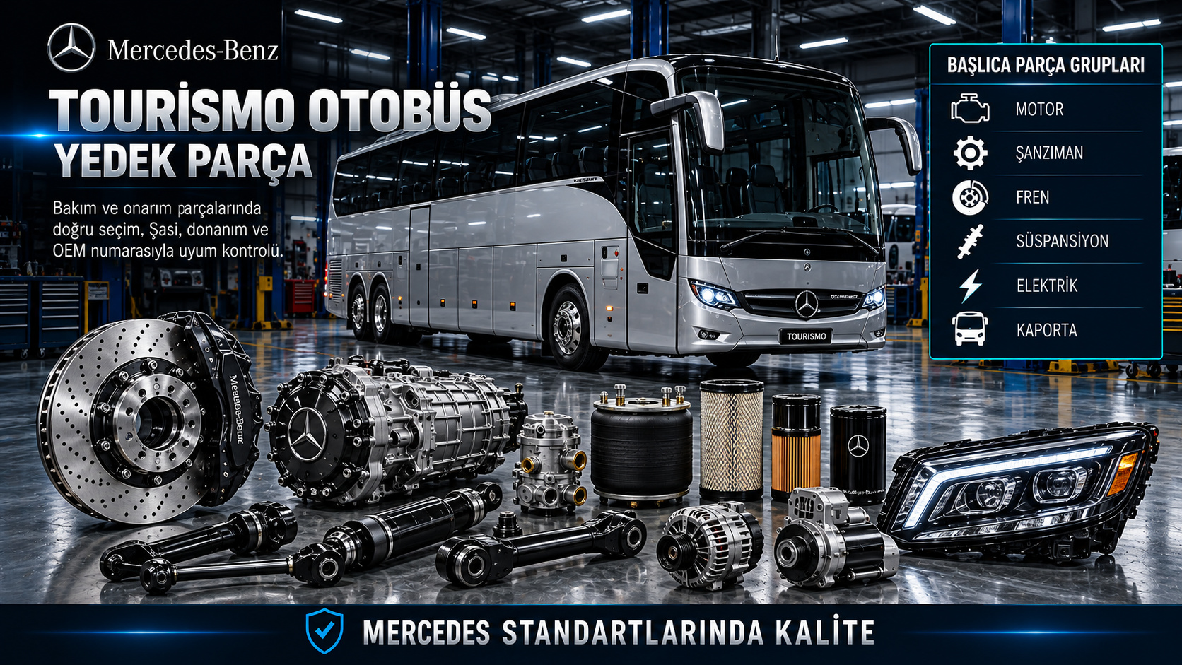 Mercedes Tourismo otobüs motor, bakım filtreleri, şanzıman, fren, hava sistemi, süspansiyon ve klima parçaları