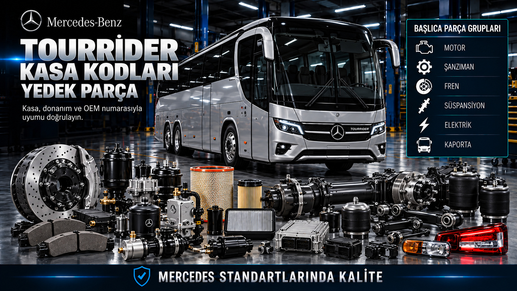 Mercedes Tourrider Business ve Premium otobüs kasa, motor, fren ve gövde parçaları