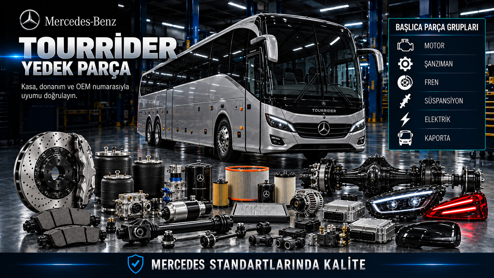 Mercedes Tourrider otobüs motor, fren, hava sistemi, yolcu kapısı ve bakım parçaları