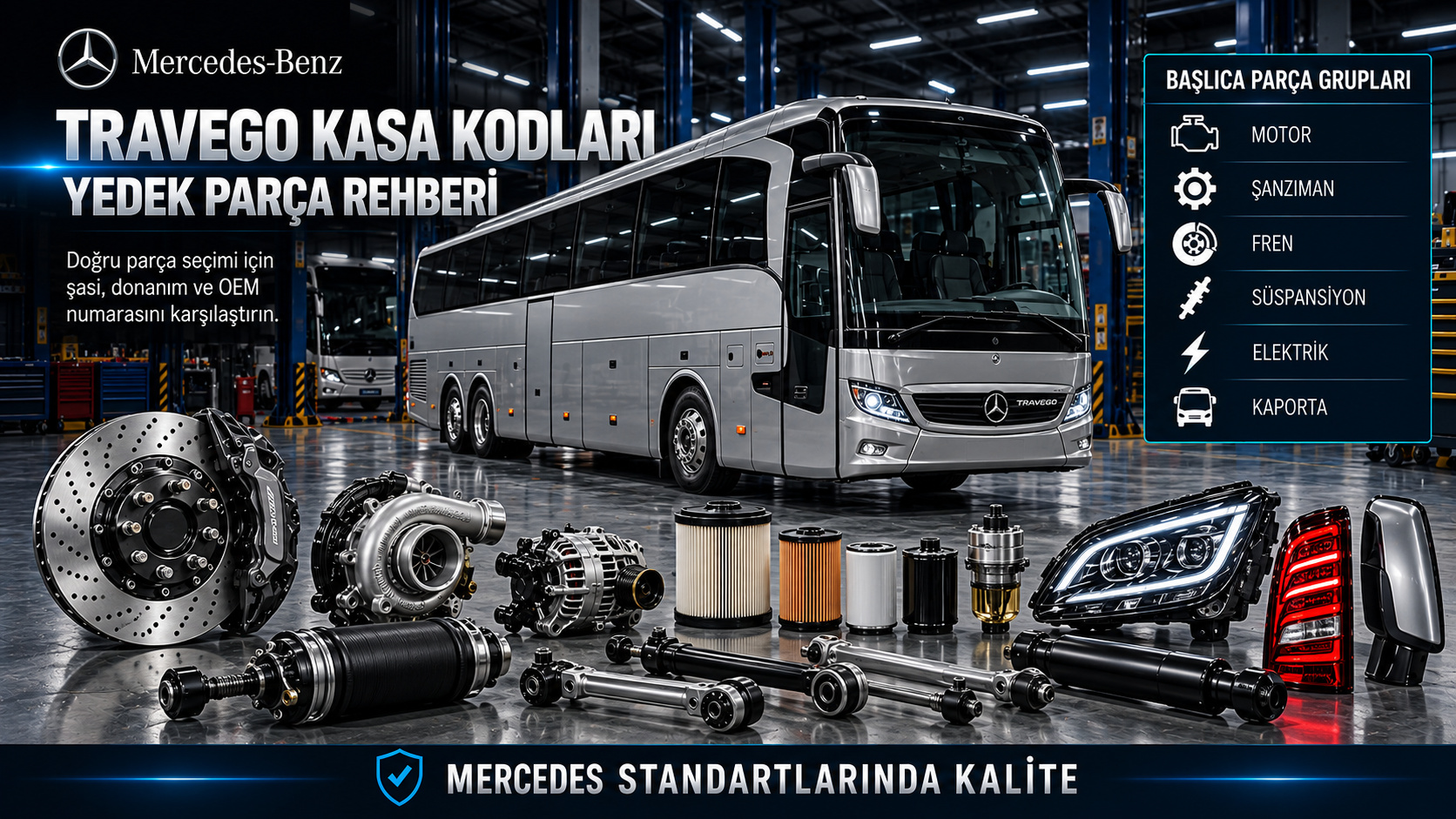 Mercedes Travego kasa kodlarına göre motor, şanzıman, aks, fren ve gövde parçaları