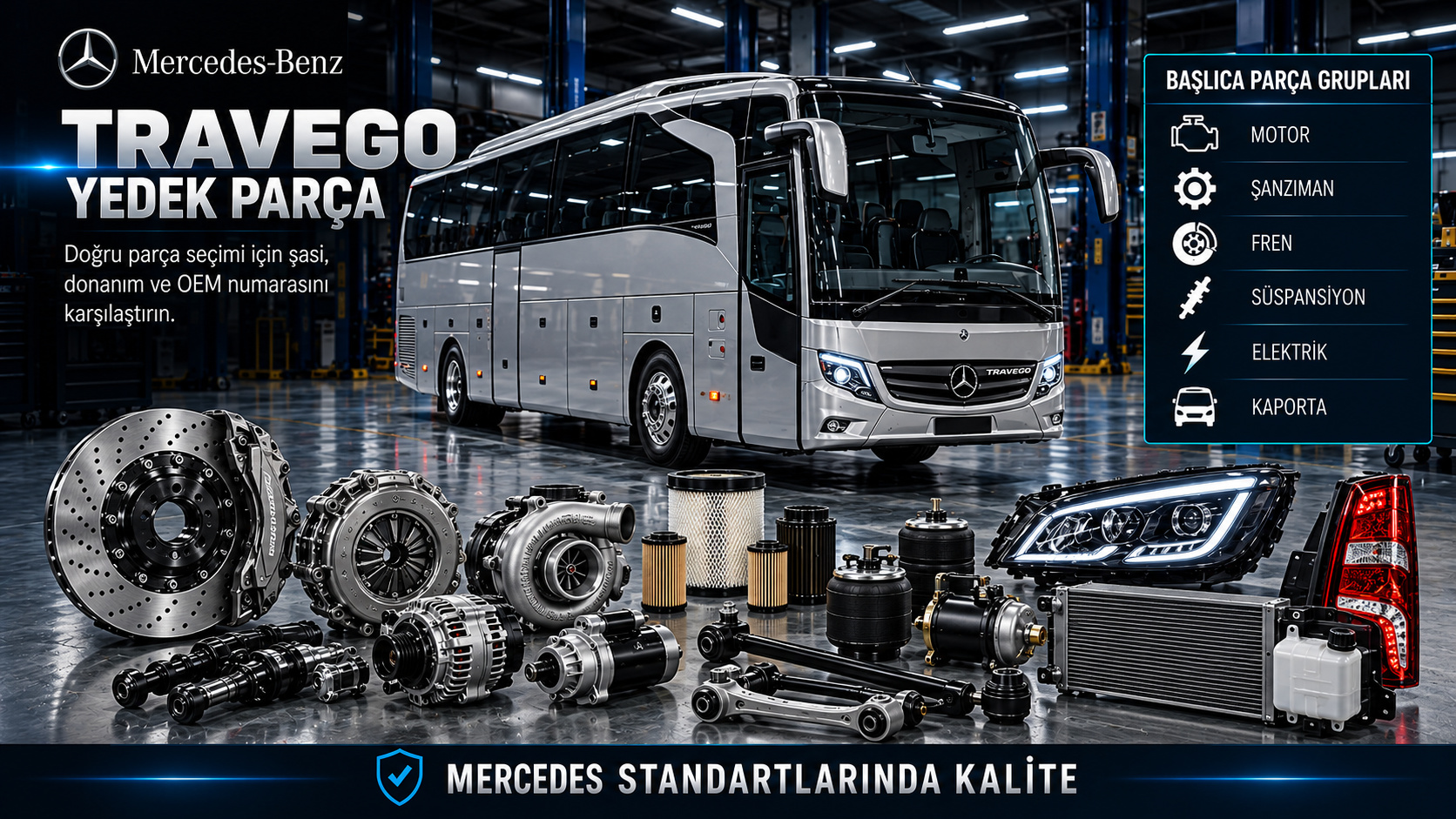 Mercedes Travego motor bakım, fren, hava sistemi, klima, kapı ve aydınlatma parçaları