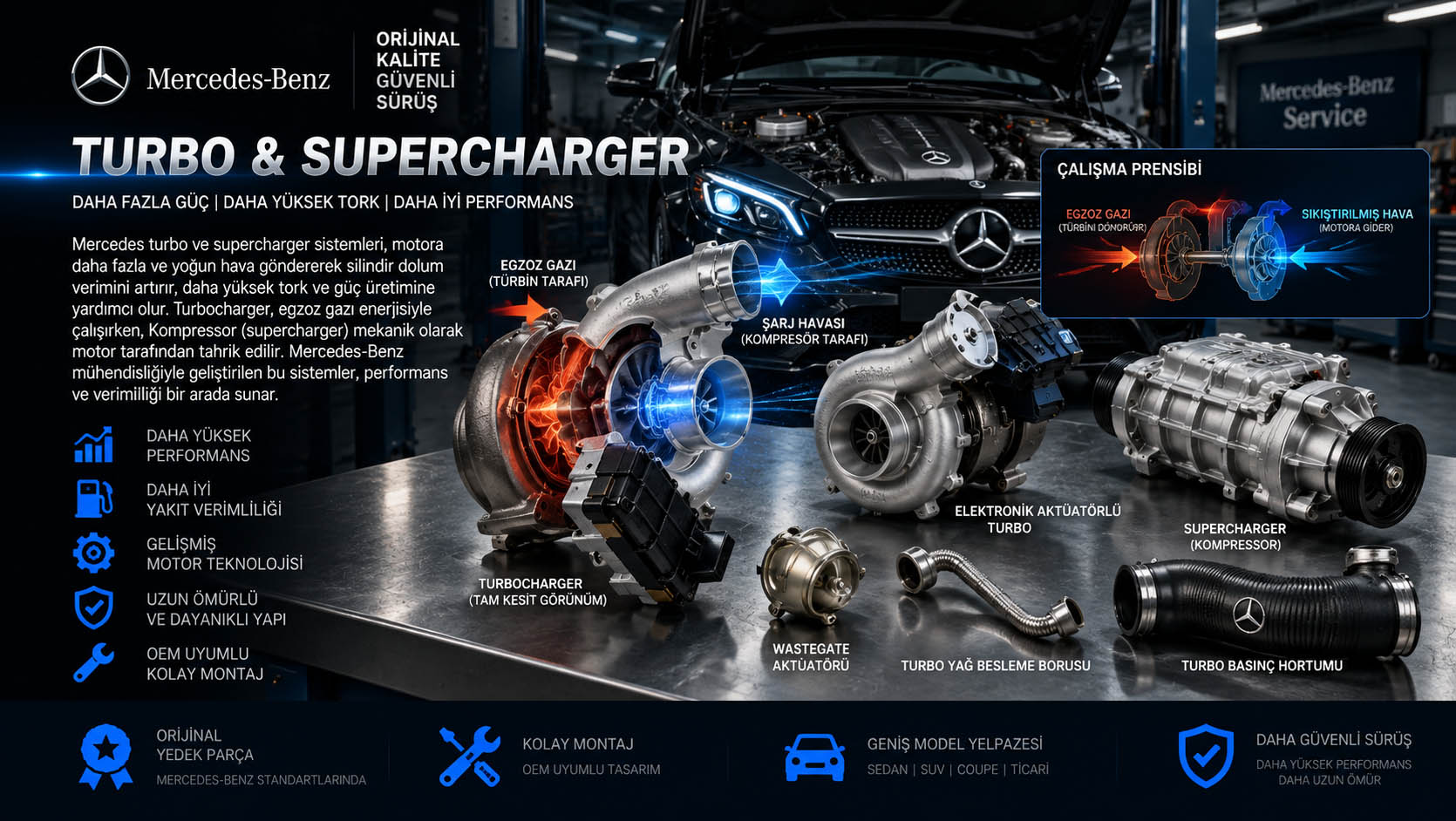 Mercedes turbo, turbocharger, supercharger Kompressor ve turbo aktüatörü çeşitleri