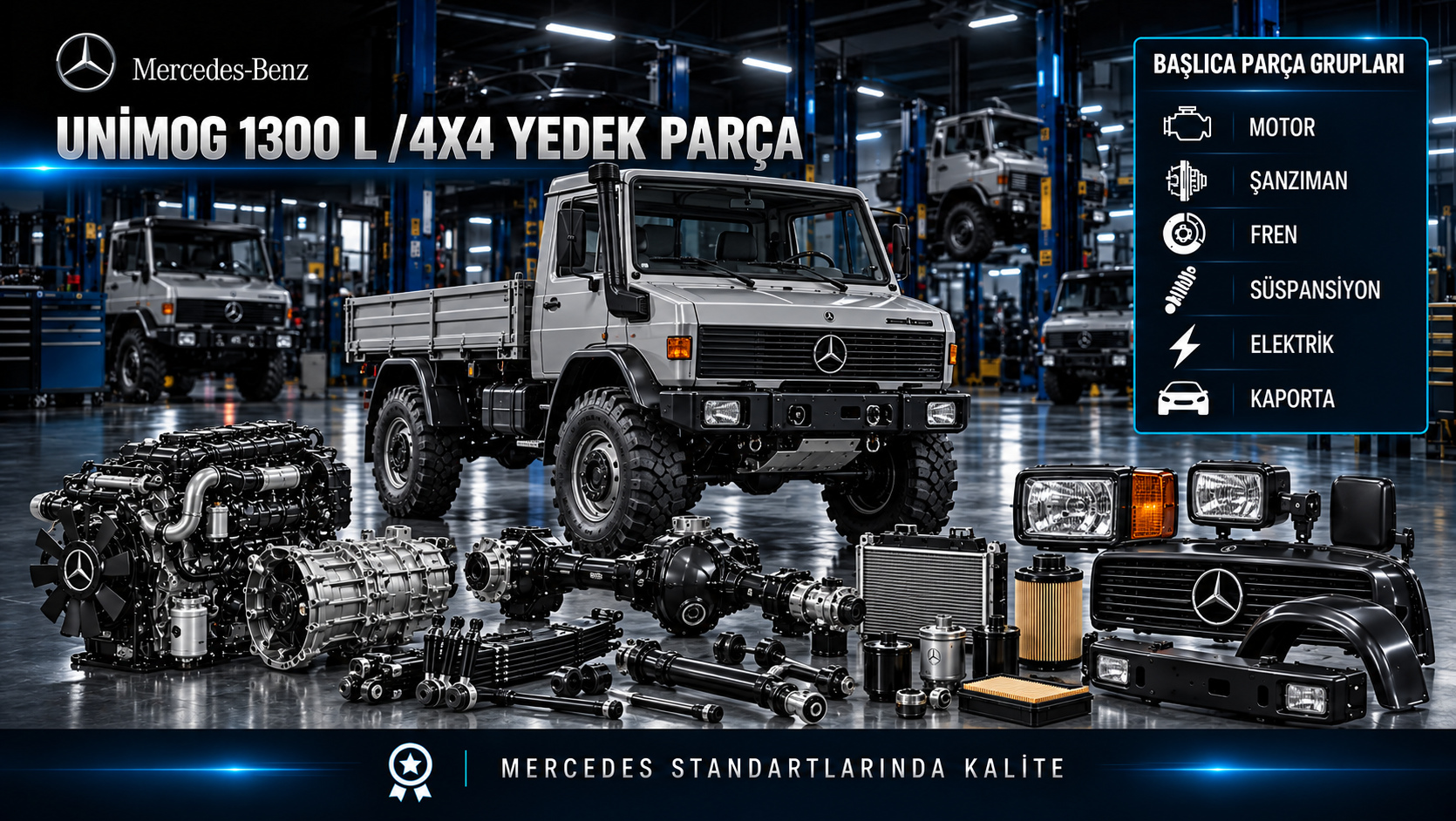 Mercedes-Benz Unimog 1300 L 4x4 için motor, transfer, aks, fren, süspansiyon ve kabin parçalarını gösteren kategori görseli