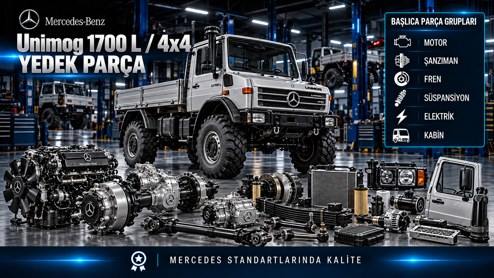 Mercedes-Benz Unimog 1700 L 4x4 için motor, bakım, arazi aktarma, aks ve kabin parçaları