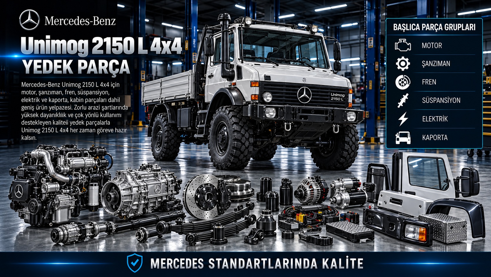 Mercedes-Benz Unimog 2150 L 4x4 motor, aktarma, aks, fren ve kabin parçaları