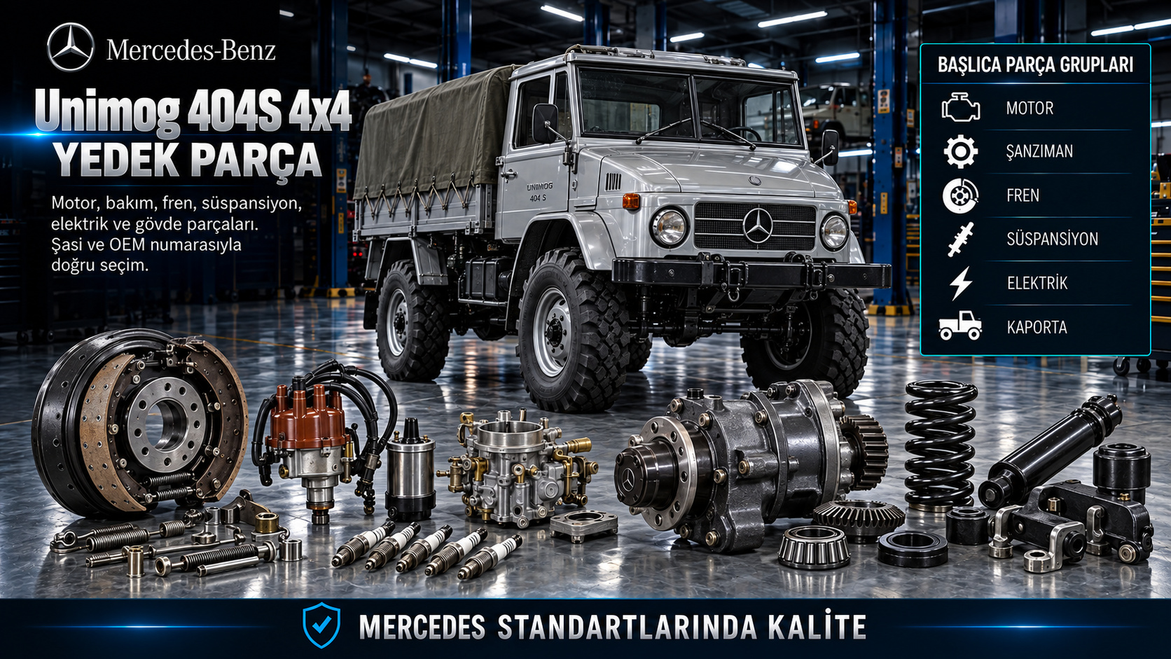 Mercedes Unimog 404S 4x4 klasik arazi aracı motor, aktarma, portal aks, fren ve gövde yedek parçaları