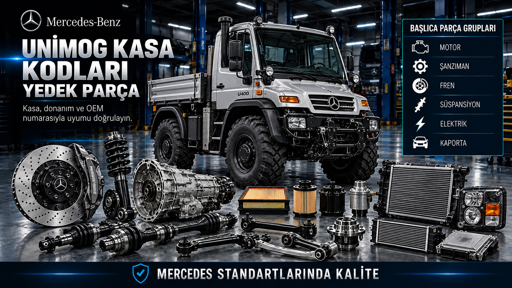Mercedes Unimog kasa kodları, arazi aktarması, aks, hidrolik ve kabin parçaları