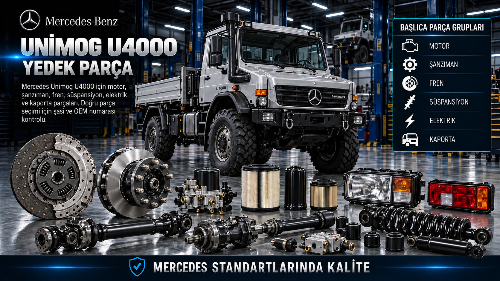 Mercedes Unimog U4000 motor, portal aks, porya ve arazi aracı parçaları