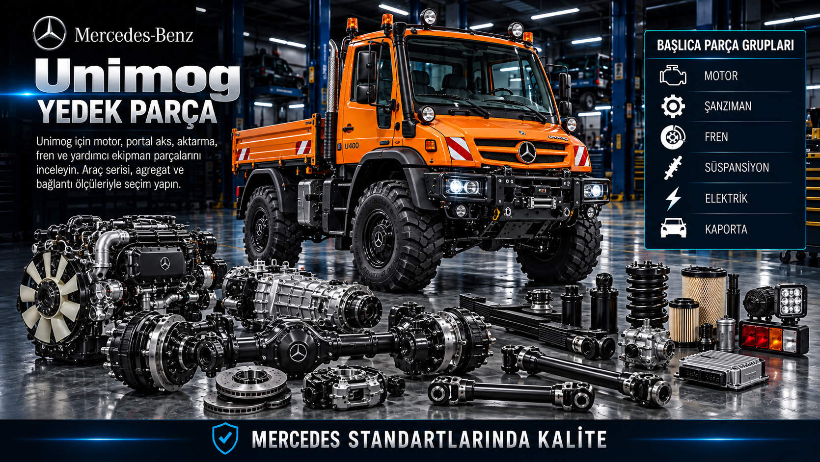 Mercedes Unimog Yedek Parça: motor, aktarma, fren, süspansiyon ve gövde parçaları
