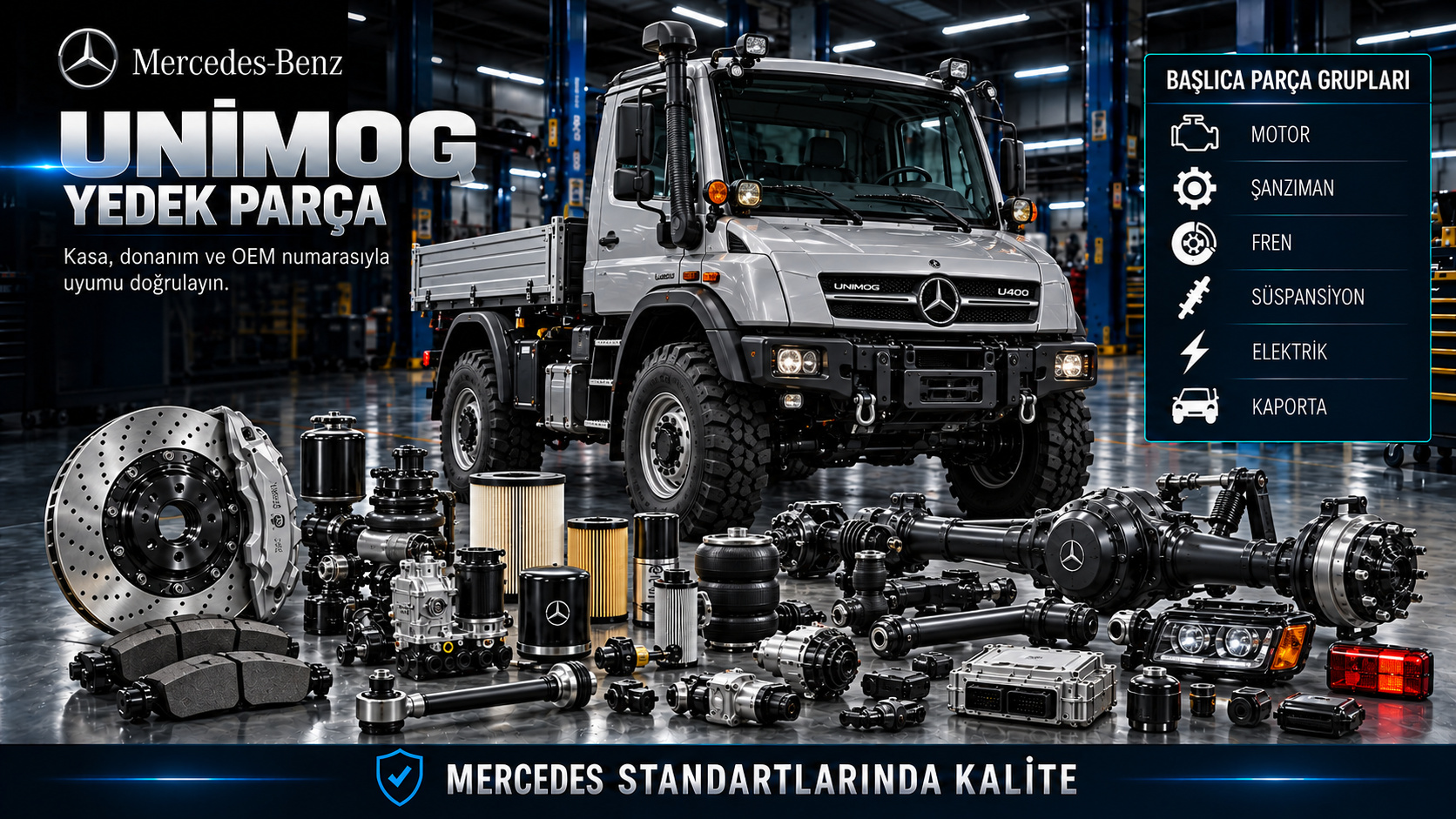 Mercedes Unimog motor, aktarma, aks, hidrolik ve yardımcı ekipman parçaları