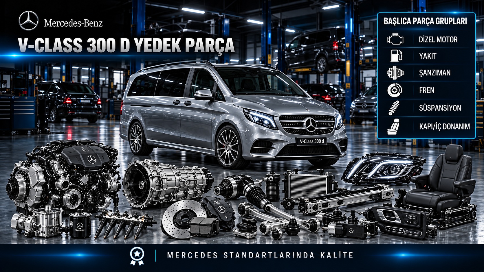 Mercedes V-Class 300 D yolcu vanı ve dizel motor, kapı, fren, süspansiyon yedek parça grupları