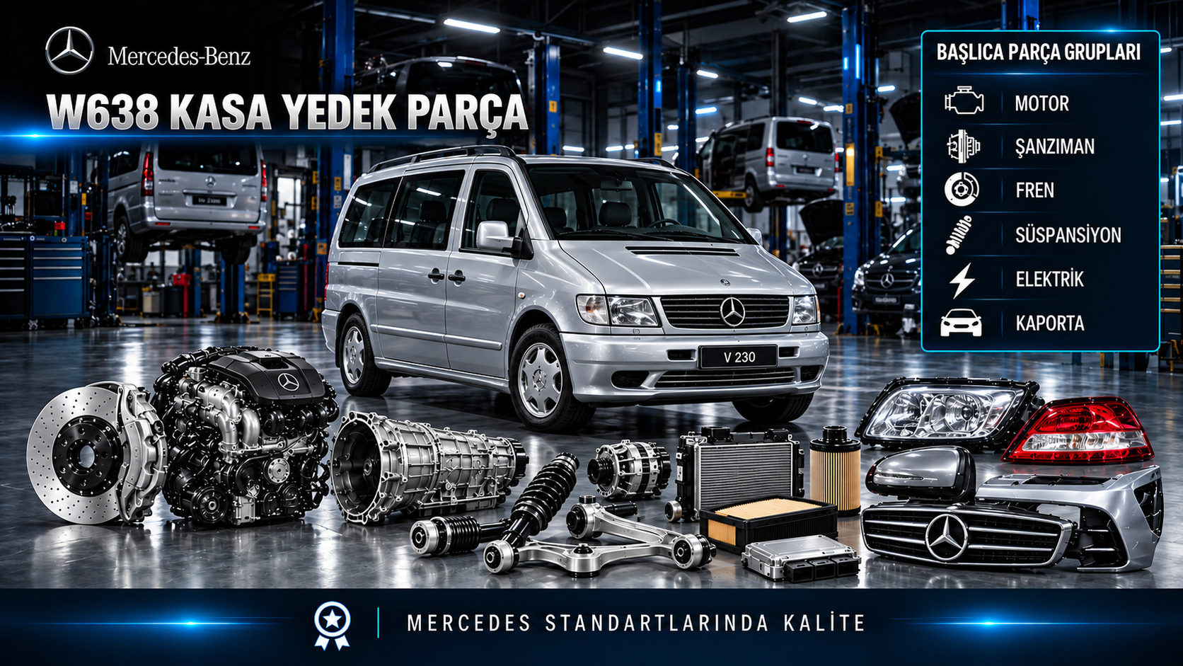 Mercedes V-Serisi W638 motor, fren, süspansiyon, klima ve yolcu kabini parçaları