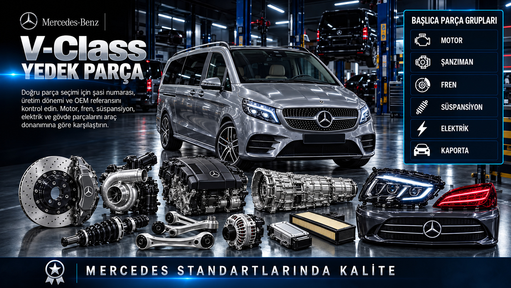 Mercedes V-Class Yedek Parça: motor, aktarma, fren, süspansiyon ve gövde parçaları
