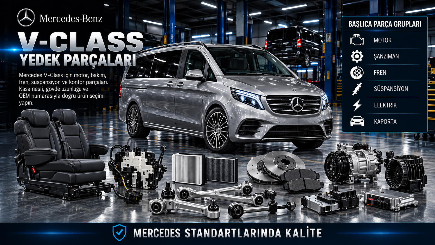 Mercedes-Benz V-Class yolcu aracı ve yedek parça gruplarını gösteren kategori görseli