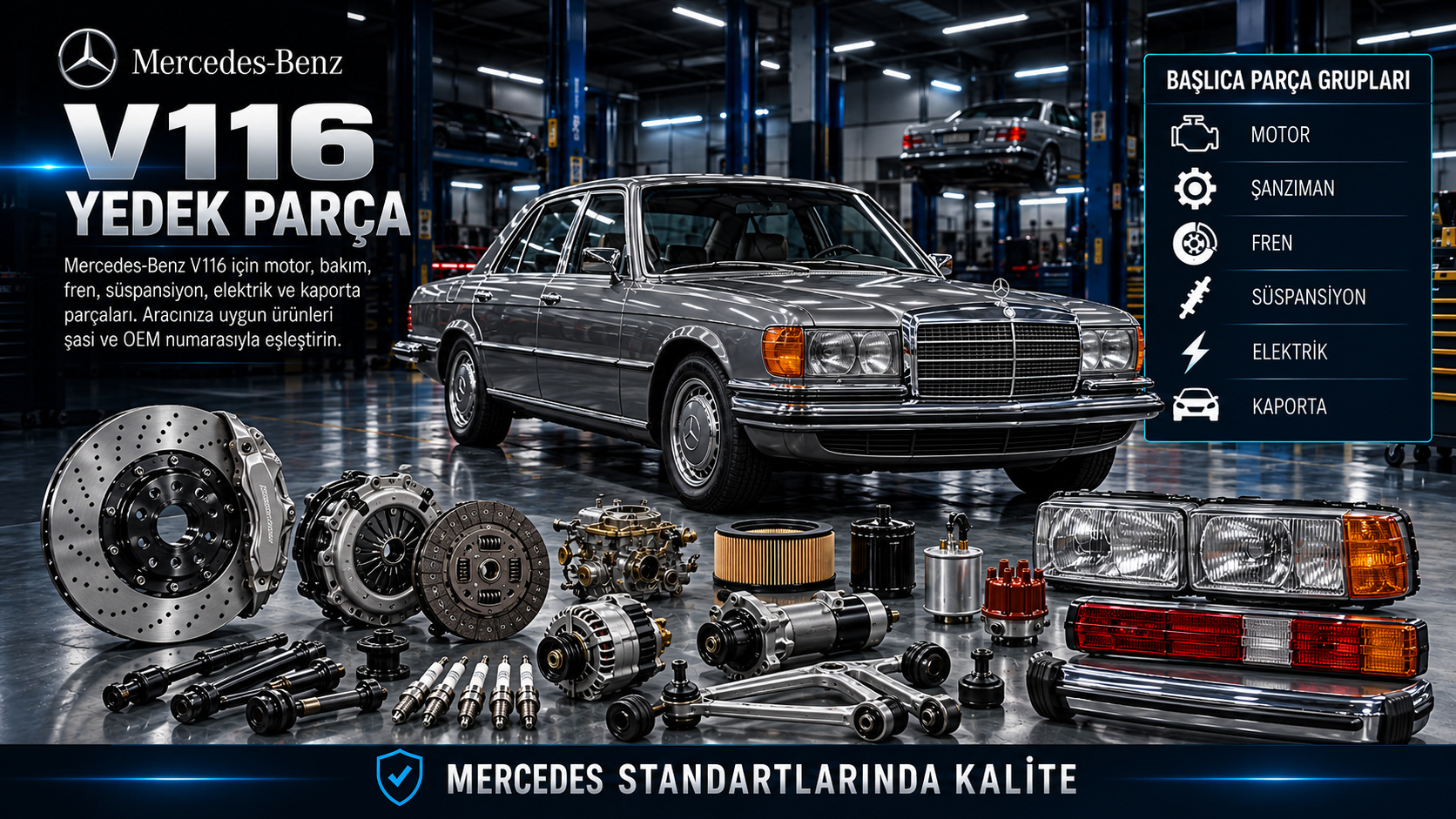 Mercedes-Benz V116 uzun S-Serisi için klasik motor, fren, süspansiyon ve gövde parçaları