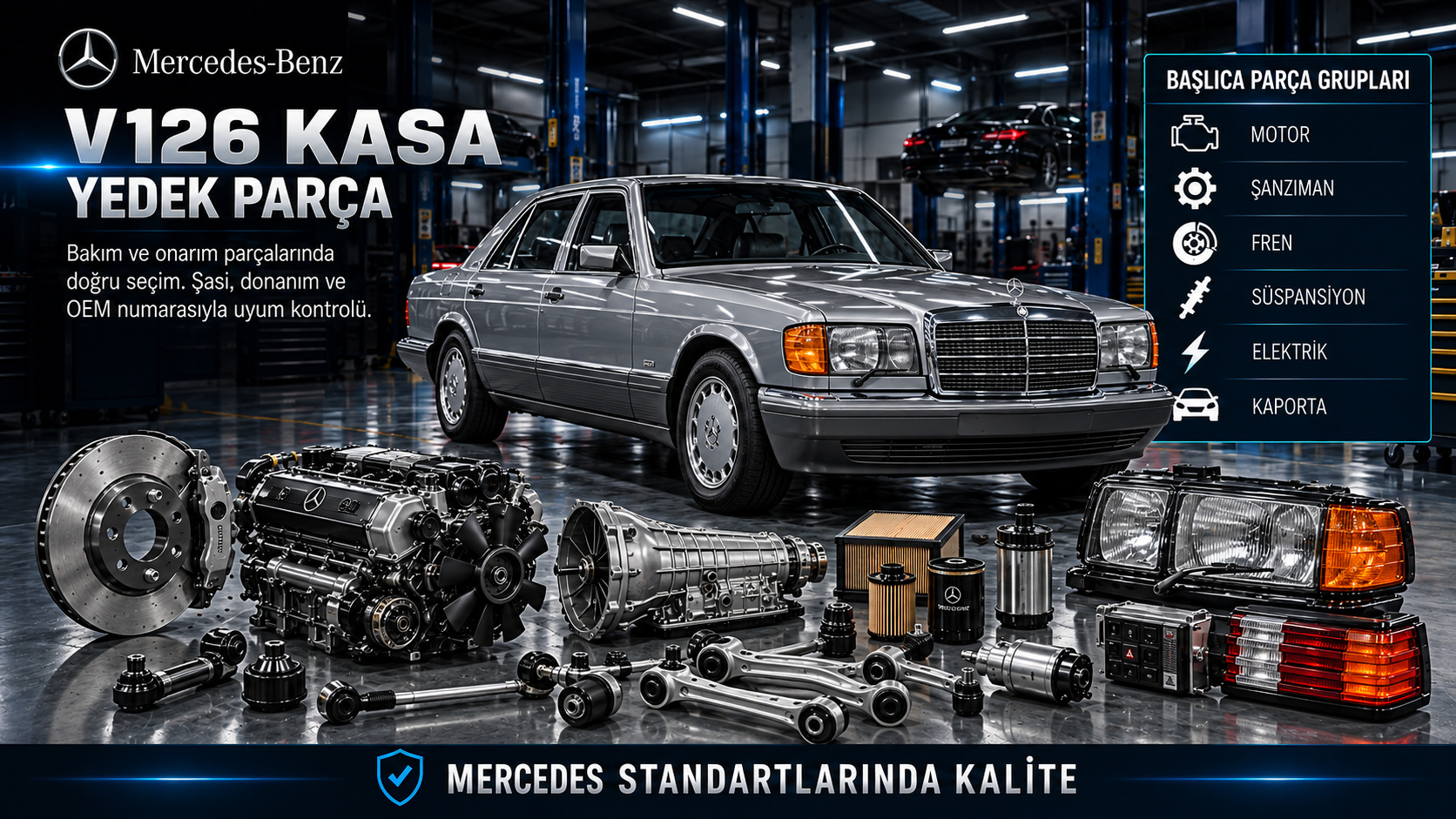 Mercedes V126 uzun şasili S Serisi motor, şanzıman, fren, süspansiyon, kapı ve restorasyon parçaları