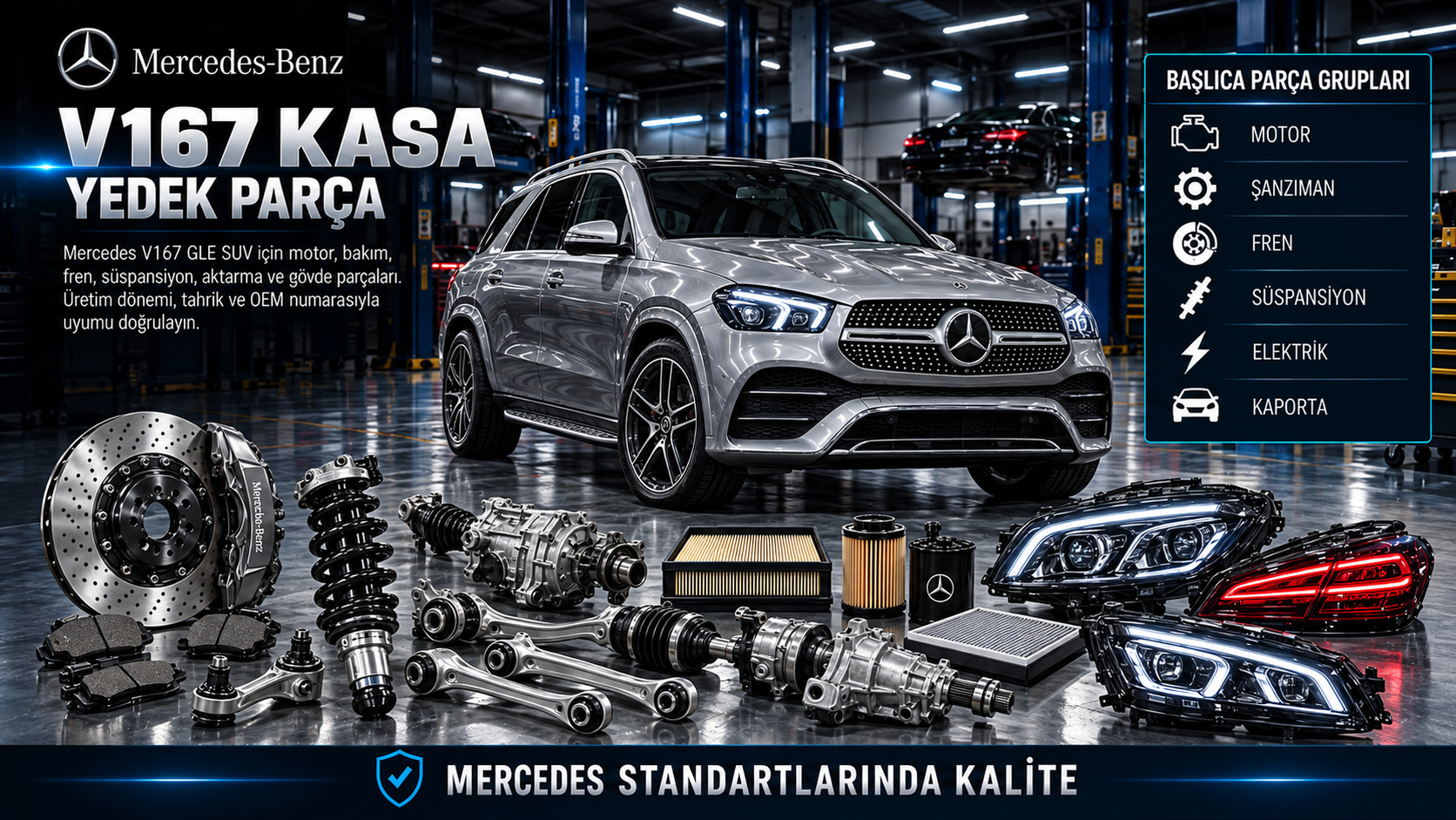 Mercedes V167 GLE SUV için motor, fren, süspansiyon, aktarma ve gövde parçaları