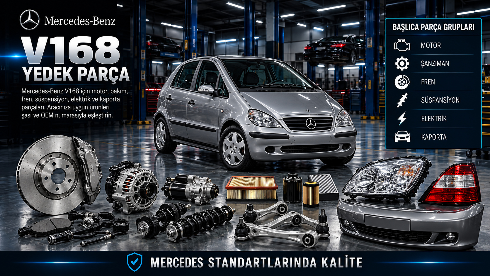 Mercedes-Benz V168 uzun A-Serisi için motor, bakım, fren ve gövde parçaları