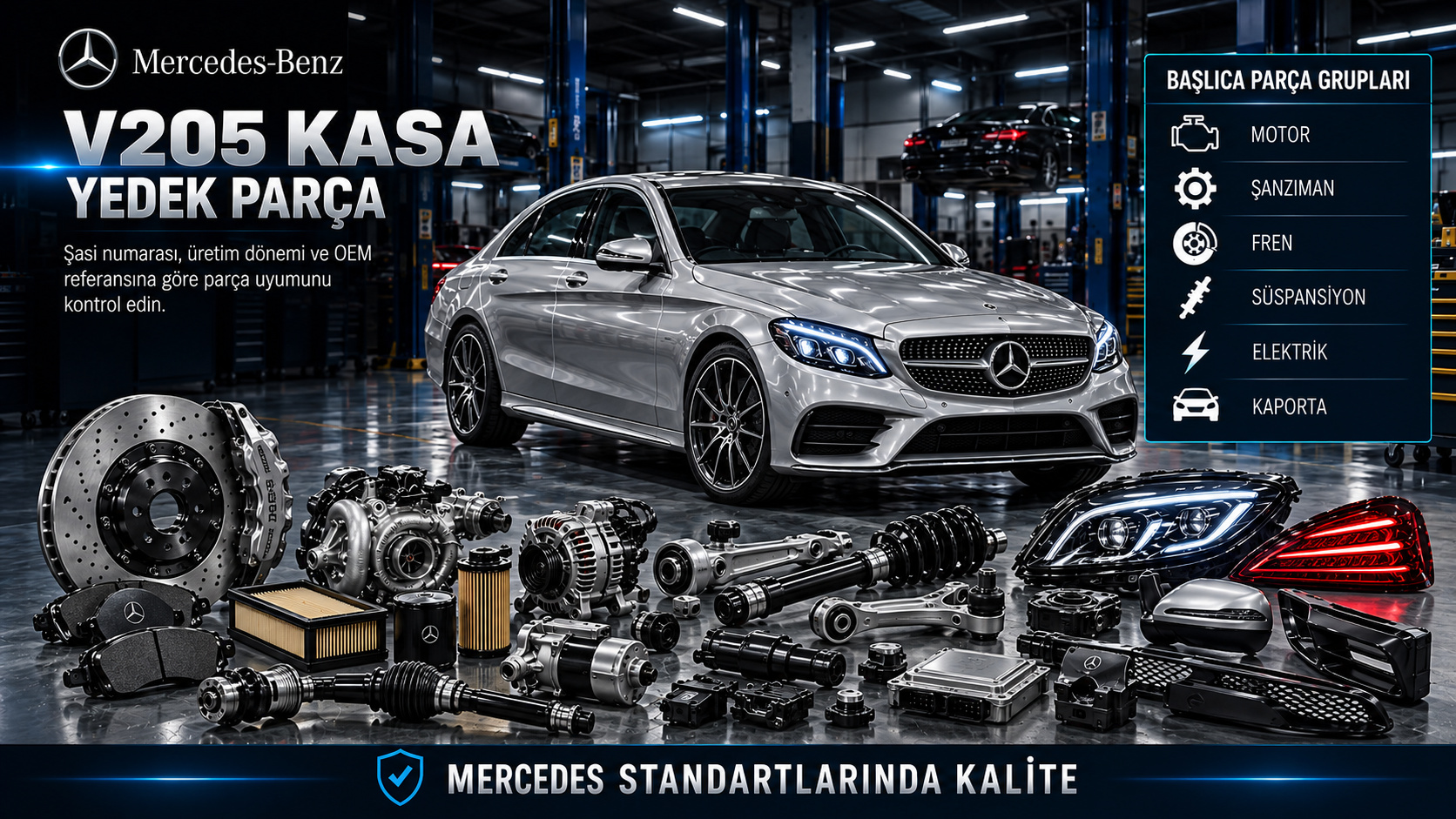 Mercedes V205 uzun dingil mesafeli C Serisi sedan motor, fren, süspansiyon ve gövde parçaları