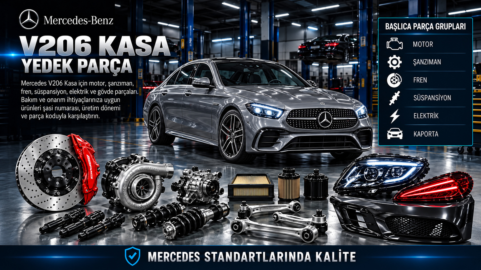Mercedes V206 uzun sedan motor, fren, süspansiyon, elektrik ve gövde parçaları