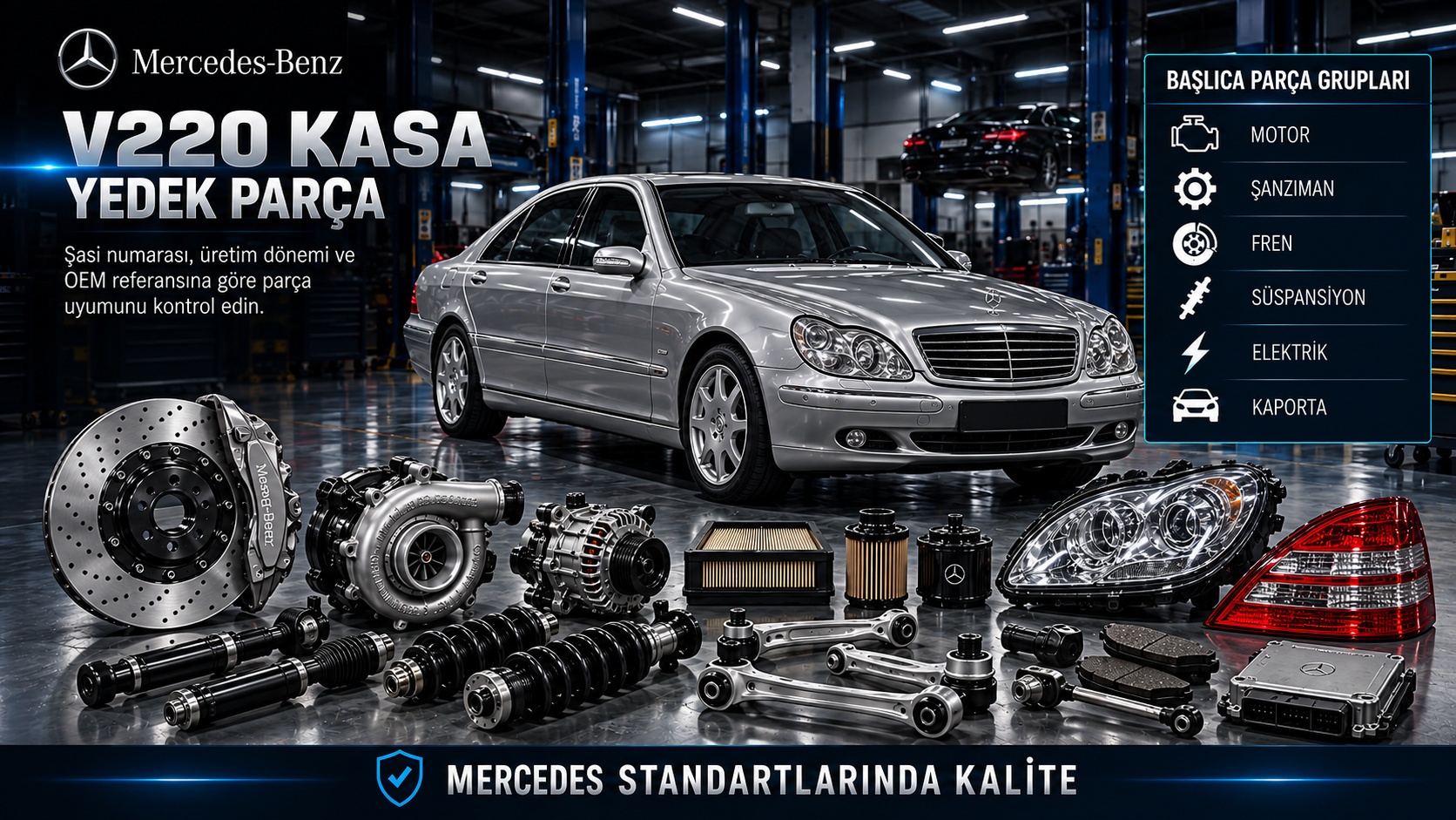 Mercedes V220 uzun gövde S Serisi motor, süspansiyon, kapı ve konfor parçaları