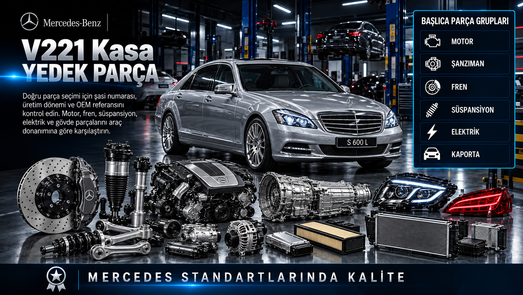 Mercedes V221 uzun S Serisi motor, konfor süspansiyonu, arka kapı ve kabin parçaları