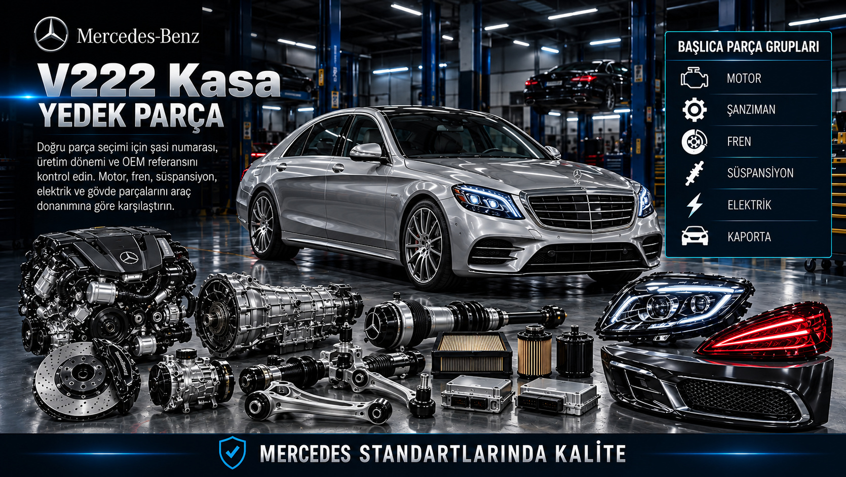 Mercedes V222 uzun S Serisi motor, konfor süspansiyonu ve arka kabin parçaları