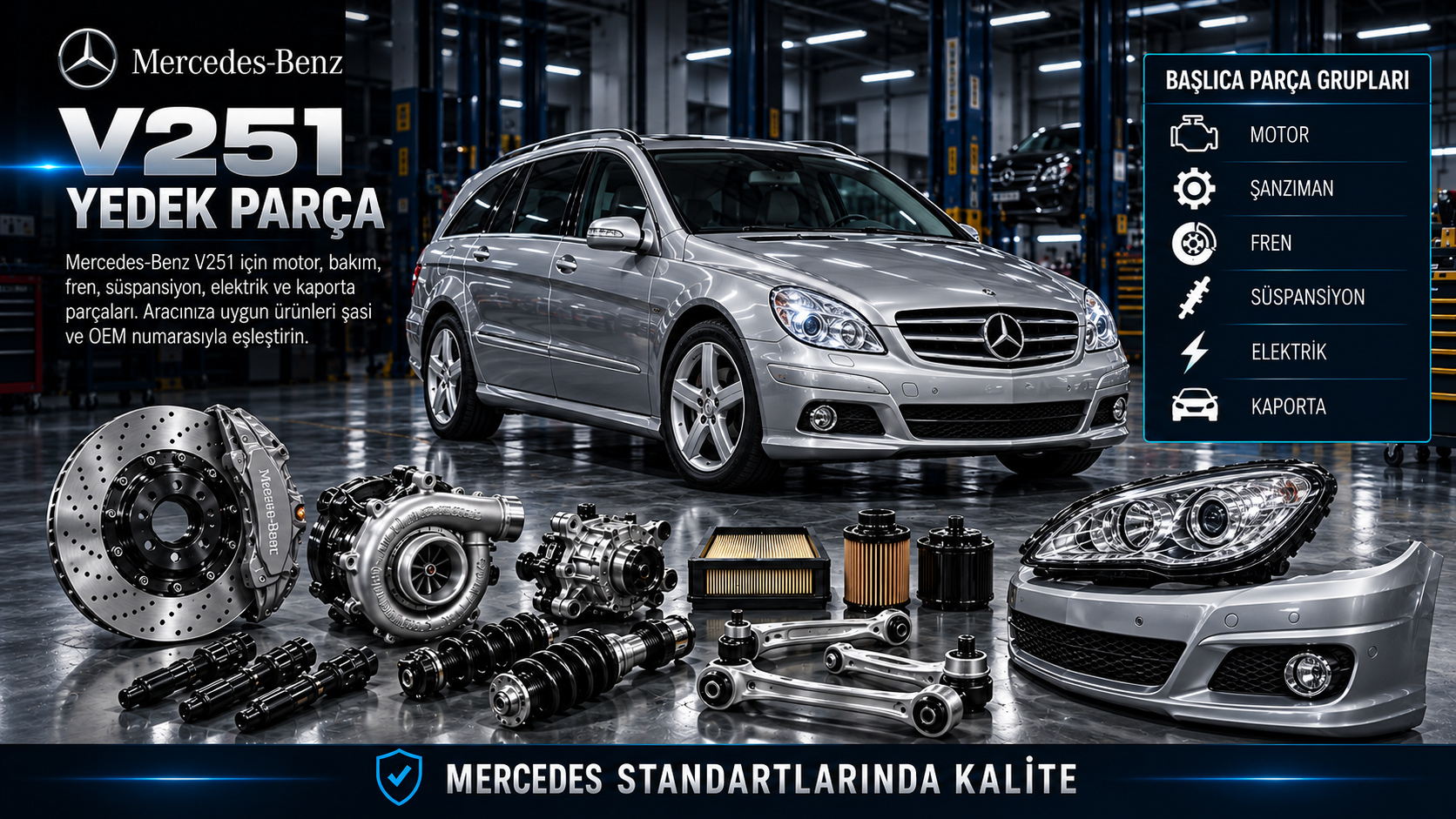 Mercedes-Benz V251 uzun R-Serisi için motor, fren, süspansiyon ve uzun gövde parçaları