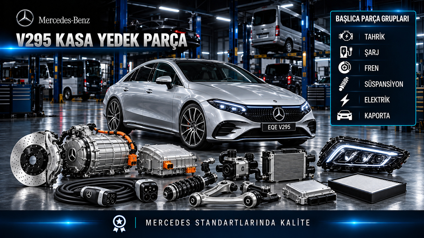 Mercedes EQE V295 sedan elektrikli tahrik, şarj, fren, süspansiyon ve gövde parçaları