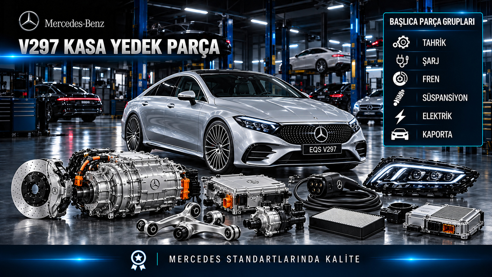Mercedes EQS V297 elektrikli tahrik, şarj, termal yönetim, konfor ve gövde parçaları